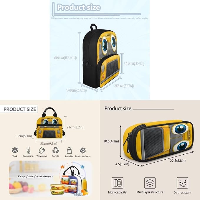Cute Yellow Bus Schoolbag Kids Bookpack Set with Lunch Bag and Pencil Case Teens Boys and Girls Cartoon Laptop Bookpack School Bag Set for Elementary Middle Student 3 in 1