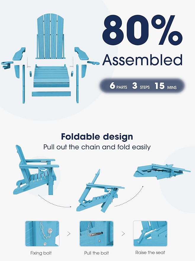 KINGYES Folding Adirondack Chair with Dual Cup Holders - HDPE All-Weather Outdoor Chairs, Wood-Like Patio Chair for Backyard, Camping, Pool & Fire Pit, Light Blue