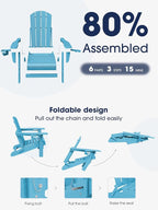 KINGYES Folding Adirondack Chair with Dual Cup Holders - HDPE All-Weather Outdoor Chairs, Wood-Like Patio Chair for Backyard, Camping, Pool & Fire Pit, Light Blue