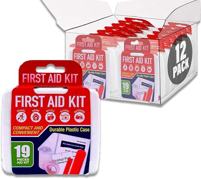 Mini First Aid Kit Bulk Set - Travel Size Bundle with 12 Small First Aid Kits in Durable Case for Car, Purse, Travel, Backpack, Camping Plus Pouch | Compact Safety Supplies Multi Pack