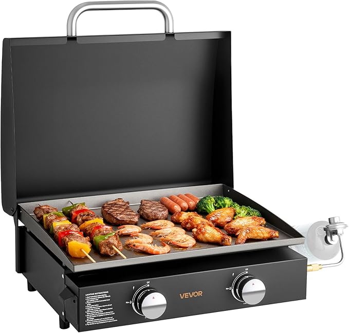VEVOR Gas Griddle, 2 Burner Tabletop Griddle, 22 inch Portable Griddles Propane with Lid, Oil Drain Hole & Oil Collection Tray, 22000BTU Camping Flat Top Grill for Outdoor Cooking, Tailgating