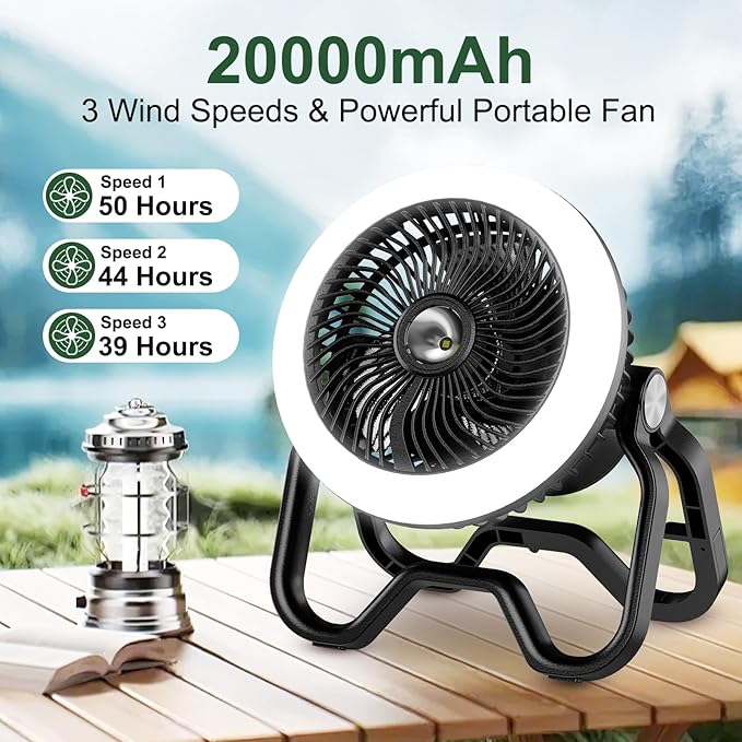 Camping Fan Rechargeable Camping Lantern-40Hrs,20000mAh Cordless Battery Operated Oscillating Fan Light with Remote,Hanging Hook and Magnetic Base, for Tents, Outdoor, RV, Outage（Black）