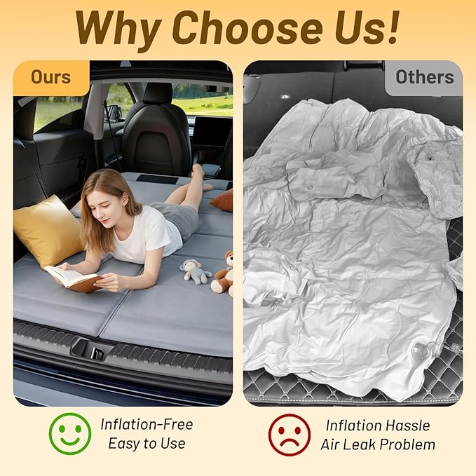 Car Bed for Ford Escape, Foldable Non-Inflatable Memory Foam Camping Mattress, Thickened Portable SUV Trunk Sleeping Pad, Air Mattress Upgrade for Camping & Travel Essentials, With Storage Bag, Gray