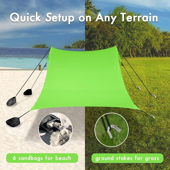 Beach Canopy Windproof Design, Sun Shelter UPF50+ Portable Family Tent with 6 Sandbags Anchors 10x10 FT 2 Pole Pop Up Outdoor Shelter for Beach, Camping, Fishing, Backyard