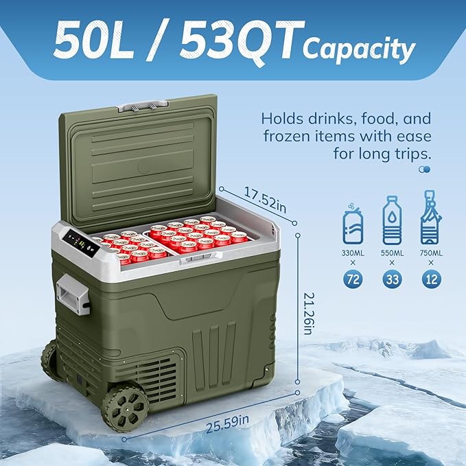 Antarctic Star 12 Volt Refrigerator,53QT(50L)Electric Cooler Compressor, Portable Refrigerator -4℉~68℉,Car Fridge 12/24V DC 100-240V AC,Portable Freezer with Wheels&2 Baskets for Camping,Travel,GREEN