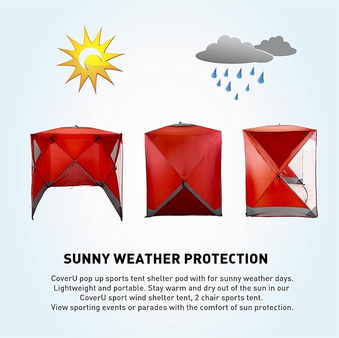CoverU Sports Tent Pod For 3-4 People - RAIN or Sun Protection – NEW Large Pop Up Climate Canopy Shelter – Soccer, Football, Softball & Other Sporting Events and Parades - Patented and Patents Pending