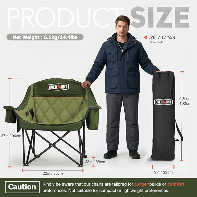 Overmont 2PCS Oversized Camping Chair for Adults - 400lbs Support Heavy Duty Padded Folding Chair with Cooling Bag Cup Holder Side Pocket Carry Bag - Comfortable Portable for Outdoor Garden Sports