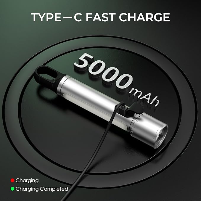 Magnetic Flashlight Rechargeable,2000LM 5000mAh Flashlights High Lumens with 18 Modes,Waterproof, Adjustable,Powerful Flash Light,Multi-Flashlights for Home,Car,Hiking,Camping (1, Silver)
