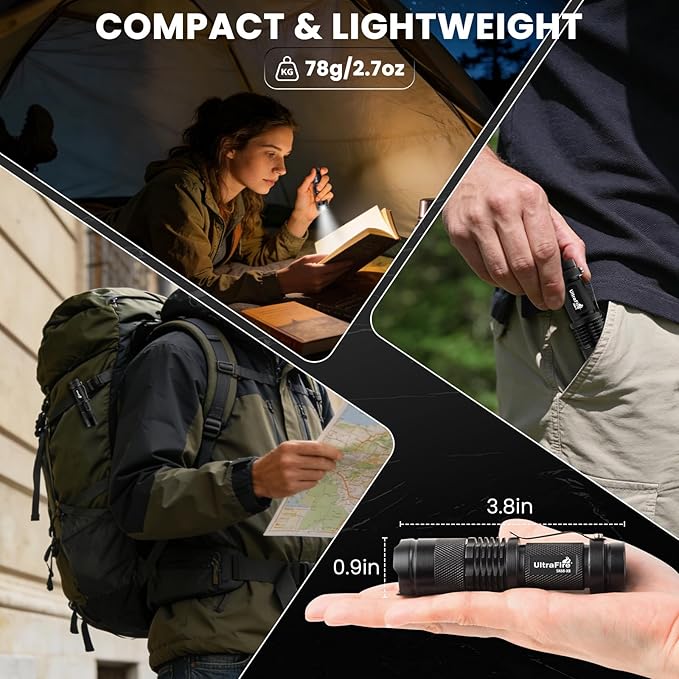 ULTRAFIRE SK68-X Mini Rechargeable Flashlight, Zoomable Tactical EDC Pocket Flashlight, Compact LED Flashlights with Type-C Charging, IPX4 Water for Camping, Emergency, Holiday Gifts (2 Pack)