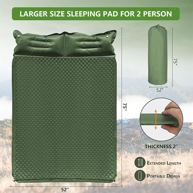 Double Camping Sleeping Pad with Pillow, 2" Memory Foam Camping Mattress 2 Person, 5R Insulated Self Inflating Camping Pad, Air Mattress Inflatable Sleeping Mat for Tent, Backpacking, Hiking (Green)