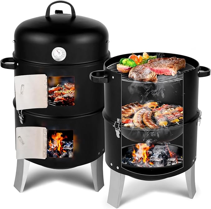 Outvita Vertical 18.5 Inch Steel Charcoal Smoker, Heavy Duty 3-in-1 Portable Outdoor Grill Cooker with Built-in Thermometer for Outdoor Backyard Cooking Grilling Camping