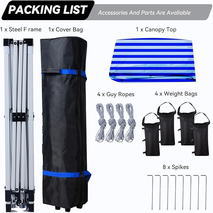 Nazhura 10' x 10' Pop Up Canopy with Sand Weight Bag, Awing for Patio, Freestanding Sun Shelter for Picnic and Camping, One Person Setup, White (Blue Stripe)