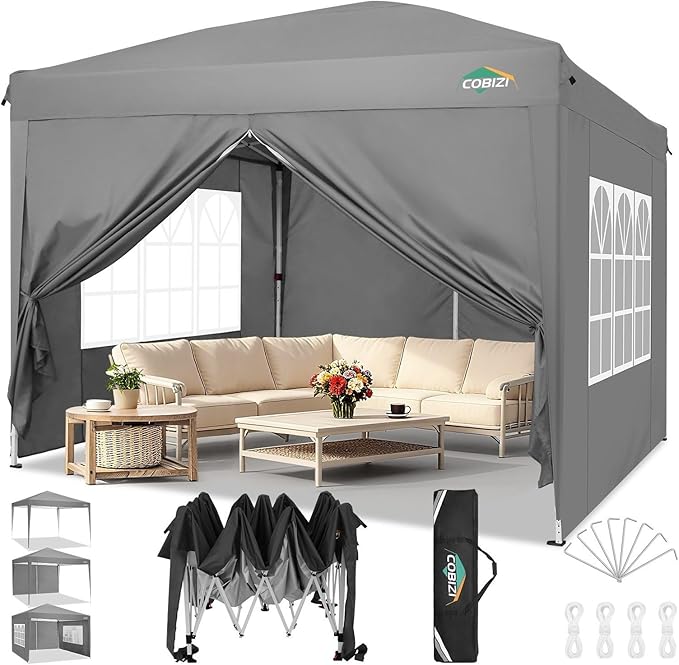COBIZI Canopy 10x10 Pop Up Canopy Tent with 4 Sidewalls Party Tents for Parties Weddings Backyard Waterproof Canopy Outdoor Commercial Canopy Event Tent with Stakes, Ropes, Grey