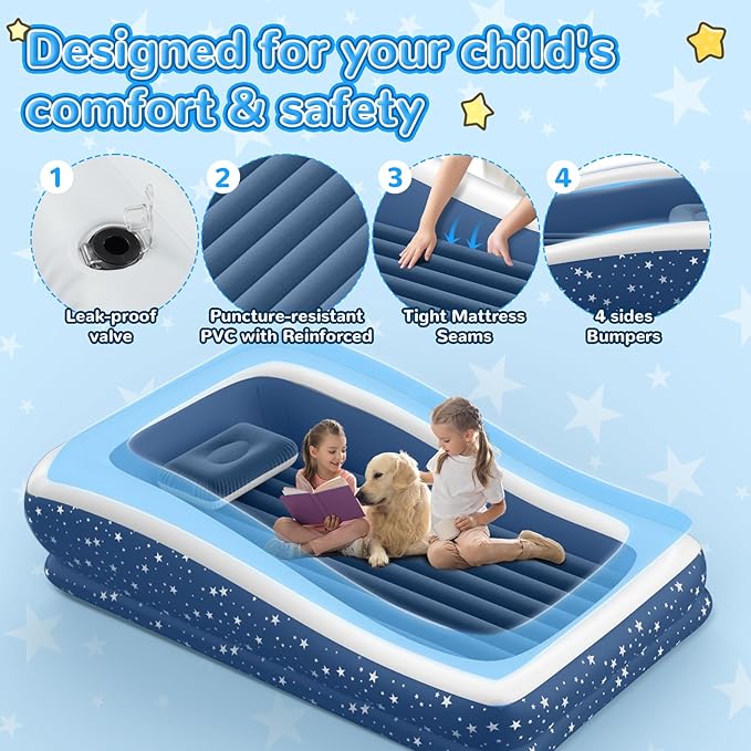 Inflatable Toddler Travel Bed: Portable & Safety - Blow Up Toddler Bed Travel with 4 Sides - Kids Air Mattress Ideal for Outdoor Camping - Easy to Inflate Deflate and Clean (67”, Blue)