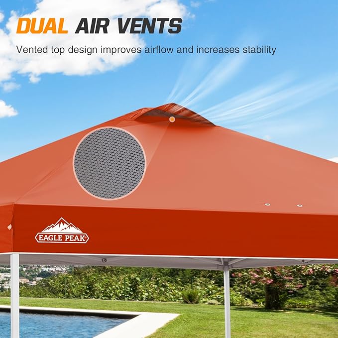 EAGLE PEAK Pop Up Canopy Tent with Wheeled Carry Bag, 8 Stakes, 4 Ropes, 4 Weight Bags, Easy Set Up Tent Canopy, 10x10 ft, 100sqft of Shade, Brick Red