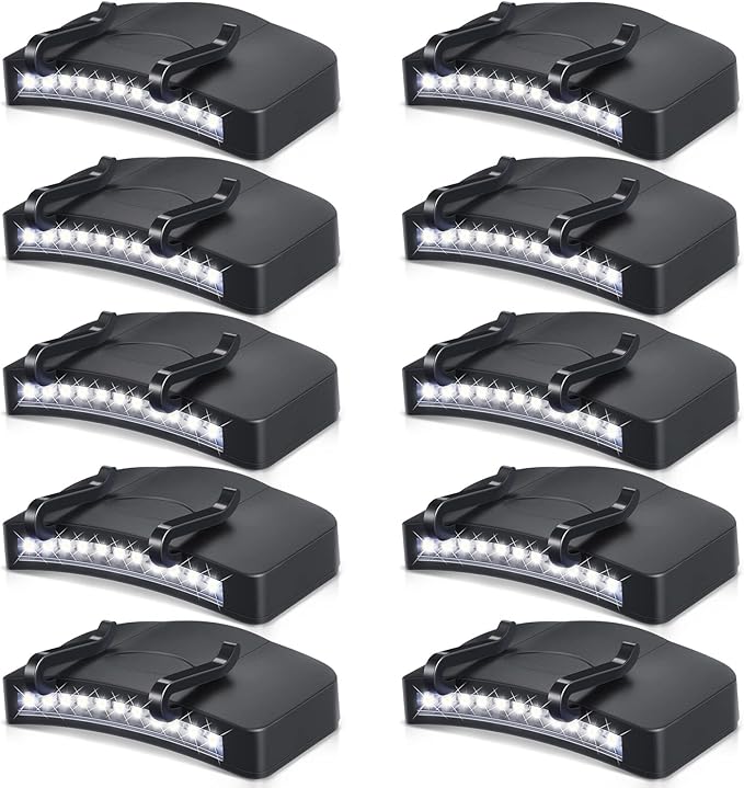 Hortsun 10 Pcs Light Clip 11 LED Cap Lights Clip on Hat Headlamp Battery Cap Brim Lamp Black Waterproof Ultra Bright Flashlight for Hunting Camping Fishing Hiking
