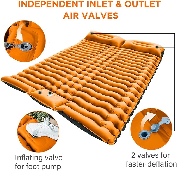 Double Sleeping Pad for Camping, 4" Extra Thick Self-Inflating Air Mattress - 2 Person Inflatable Camping Mat with Built-in Foot Pump & Pillow, Backpacking Hiking Tent Travel-Orange