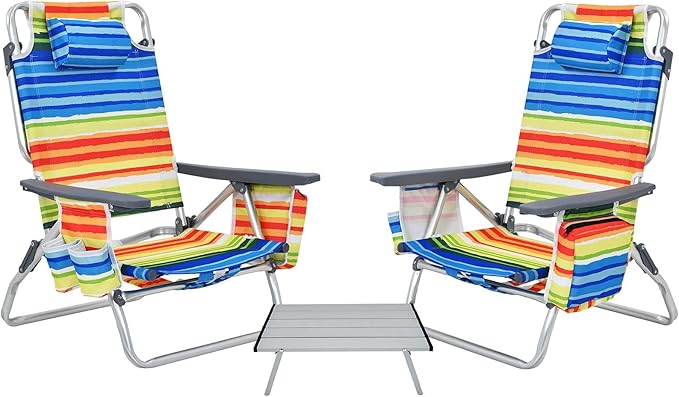 Giantex Folding Beach Chair, Patio Sling Chairs with 5 Adjustable Position, Head Pillow, Storage Bag, Towel Bar, Cup Holders, Backpack Chairs for Sunbathing, Camping Chair