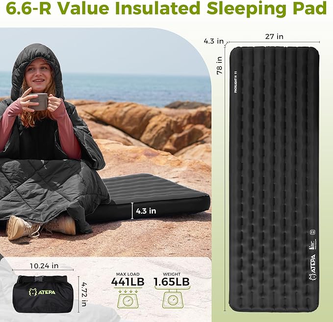 ATEPA ThermAir Pro Backpacking Inflatable Sleeping Pad, 6.6 R-Value Insulated Ultralight Portable Camping Pad Thick Camping Mat for Camping Backpacking Tent, Wide Long Size 78"x27", Black