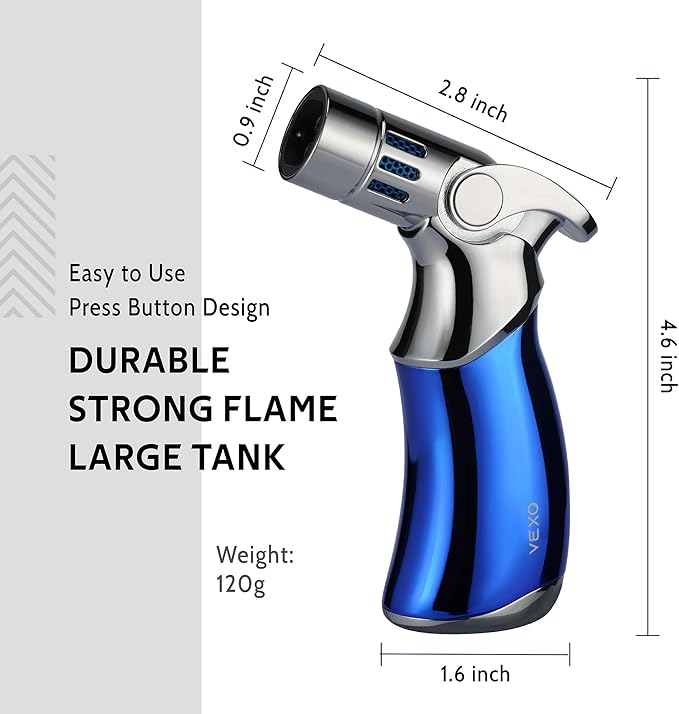 VEXO-Mini4 Torch Lighter Quad 4 Jet Flame Windproof Butane Refill Portable Lighter for Grill BBQ Candle Camping, Gift Idea (Butane NOT Included) (Blue)