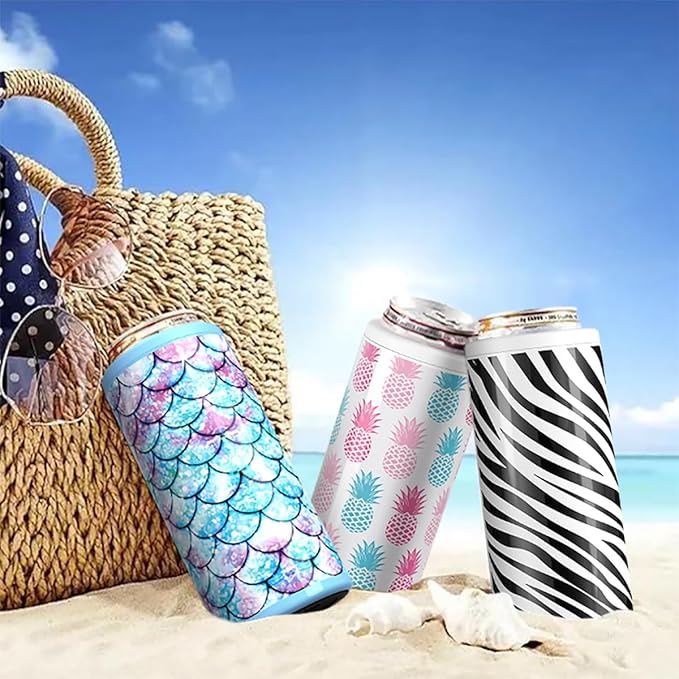TILUCK Skinny Can Cooler for Slim Beer & Hard Seltzer, Stainless Steel, Doucle-Walled Stainless Steel Insulated Slim Cans, Standard 12 oz (Pineapple-NEW)