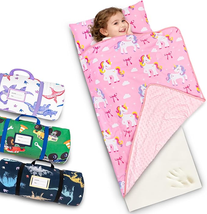 Primlect Toddler Thickened Foam Nap Mat with Pillow, Extra Large 55"x35", Soft, Supportive Sleeping Bag with Detachable, Washable Cover, for Sleepover, Home, Travel, Boys and Girls