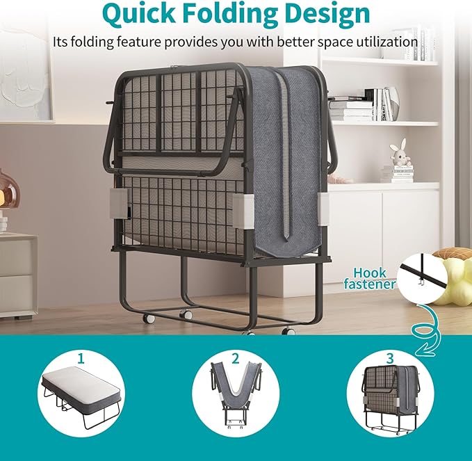BALUS Rollaway Bed with Mattress for Adults, 75"x 31" Folding Bed with Lockable Casters, Foldable Cot Beds for Guest, Portable Small Bed with Easy Storage Sturdy Metal Frame for Bedroom(Standard)