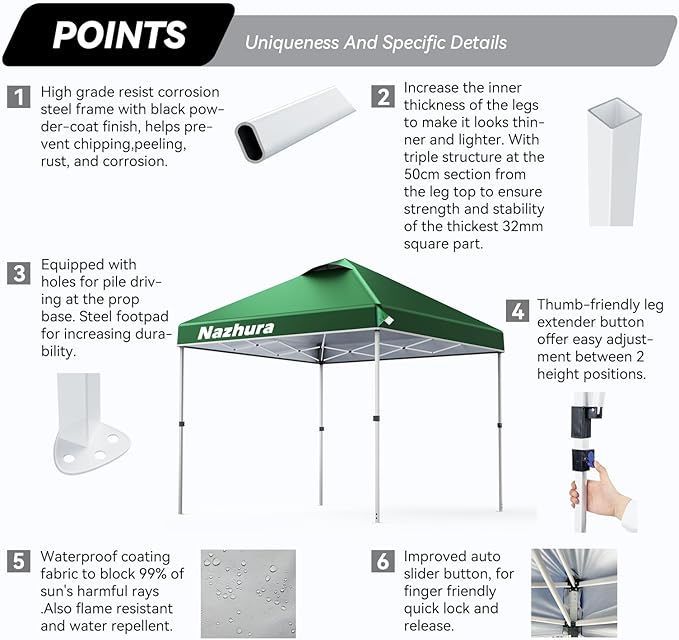 Nazhura 10' x 10' Pop Up Canopy Tent with Sand Weight Bag, Awing for Patio, Freestanding Sun Shelter for Picnic and Camping, One Person Setup, White (Green)