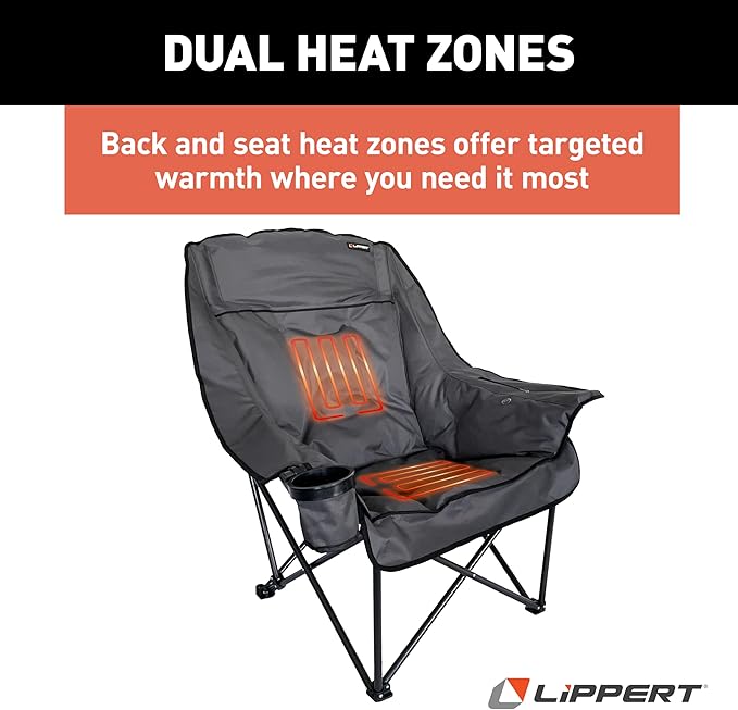 Lippert Big Bear Dark Grey Heated Folding Camping Chair with Power Bank, Two Heat Zones, 400-lb. Weight Capacity, 600D Polyester Fabric, High-Loft Cushioning, Zippered Carrying Bag - 2024043334