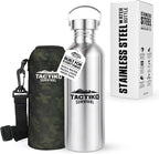 Tactiko Survival 34 oz/1000 ml Stainless Steel Wide Mouth Water Bottle, Single Wall Boil-Safe, Leakproof, BPA-Free with Carry Sleeve and Strap for Camping, Hiking, Outdoor Prep (Camo)
