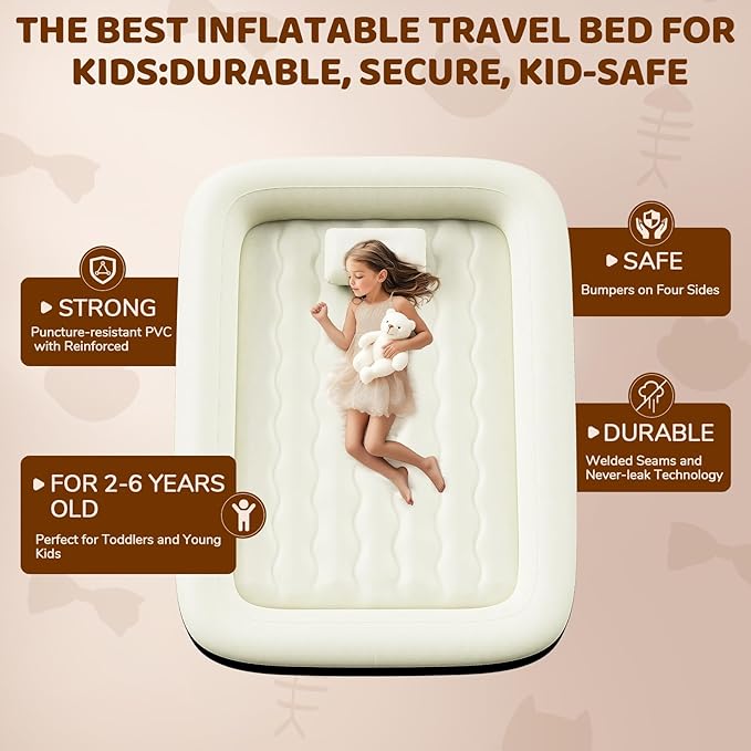 Inflatable Toddler Travel Bed - 64 Inches Portable Toddler Air Mattress with Four Safety Sides - High-Speed Pump and Carry Bag - Comfortable Mattress & Easy to Inflate and Deflate - Black