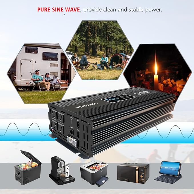 2500W Pure Sine Wave Inverter 12V DC to 120V AC, with164ft Wireless Remote & Dual USB/Type-C Fast Charging for RV, Home Emergency, Off-Grid Solar, Upgraded of 2000 watt Inverter
