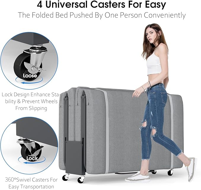 Folding Beds with Mattress, Portable Foldable Bed for Adults, Roll Away Bed Guest on Wheels, Memory Foam Mattress and Metal Frame, Space Saving Fold