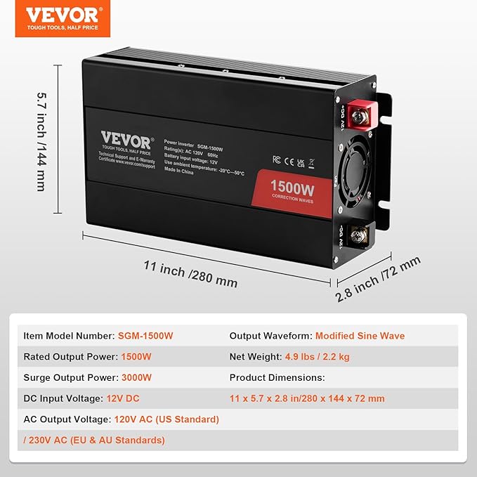 VEVOR Modified Sine Wave Inverter, 1500W, DC 12V to AC 120V Power Inverter with 2 AC Outlets 2 USB Port 1 Type-C Port 6 Spare Fuses, for Small Home Devices Like Smartphone Laptop, CE FCC Certified