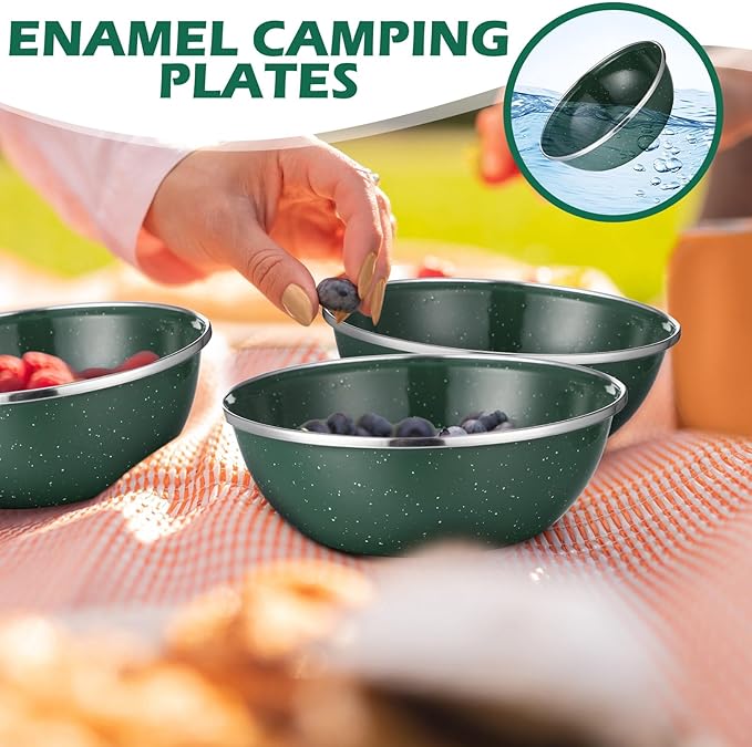 Sawysine 8 Pcs 6 Inch Enamel Bowl for Camping and Backpacking Enamelware Mixing Bowls Camping Cookware for Outdoor Cooking, Picnic, Snacks, Home, Farmhouse(Green)