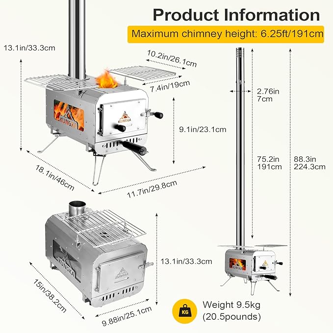 Tent Stove, 7.3ft height Portable Wood Burning Stove, Small Stainless Steel Hot Tent Stove with 6 Chimney Pipes for Outdoor Heating, Cooking, Hunting & Ice Fishing