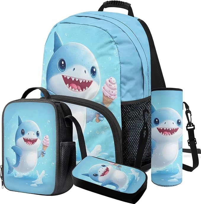 Shark Backpack with Lunch Box Blue Bookbag Cute Lightweight Kids Bookbag with Lunch Box Boys 4 Pcs School Bags for Boys 10-12 Travel Outdoor Camping Daypack Graduation Gifts
