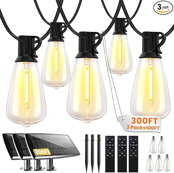 300FT Solar String Lights Outdoor Waterproof, Solar Patio Lights with Remote Control & 90+5 Dimmable ST38 Edison Bulbs Shatterproof,Solar Powered String Lights for Outside Garden Backyard
