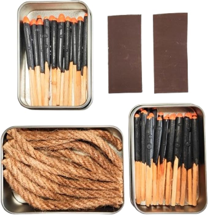 Survival Waterproof Matches Kit – 20/40/60/80/100 Fire Matches + Extra Striker in Metal Tin, Waxed Tinder Cords – Stormproof Windproof Fire Starter for Camping & Emergency (2 x Tin + 20 Ropes)