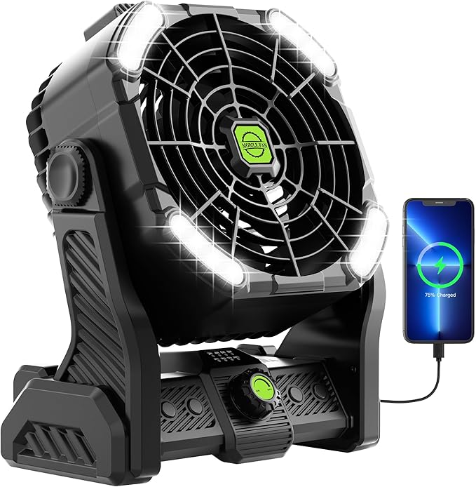 20000mAh Cordless Fan Emergency Portable Rechargeable Fan & Light for Power Outage, Car Defrosting, Indoor - Battery Operated Fan with 270° Pivot, USB, Hook & LED, Portable Camping X26 Black