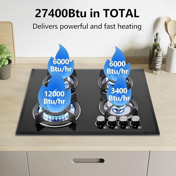Gas Stove Top 4 Burner, Propane Gas Cooktop, LPG/NG Dual Fuel Convertible Stove Top with Thermocouple Protection, Built-in/Countertop