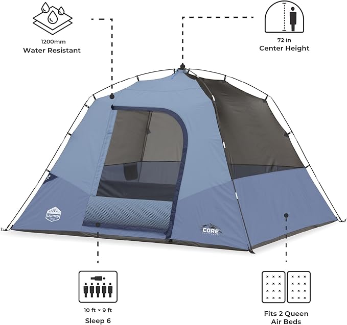 CORE 6 Person Lighted Dome Tent for Outdoor Family, Hiking, and Backpacking | Portable Dome Camp Tent with Storage Pockets for Camping Accessories