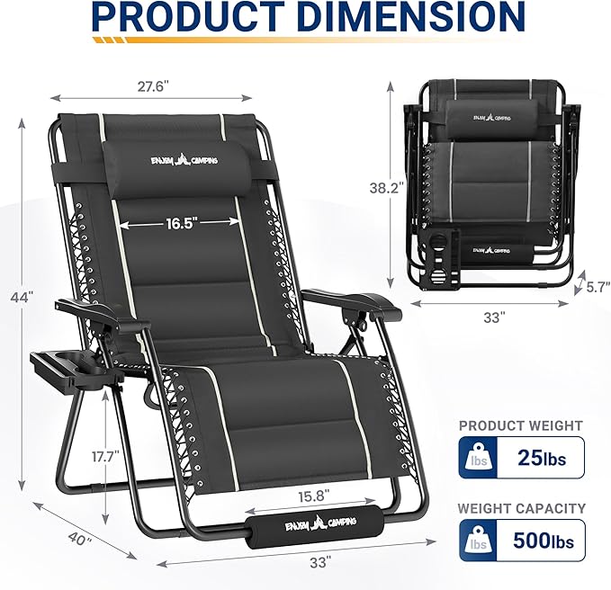 UDPATIO Zero Gravity Chair Oversized Outdoor Anti Gravity Chairs Patio Lounge Folding Adjustable Chair with Cup Holder, Foot Pad & Padded Headrest, Supports 500lbs (1, Grey, 33in)