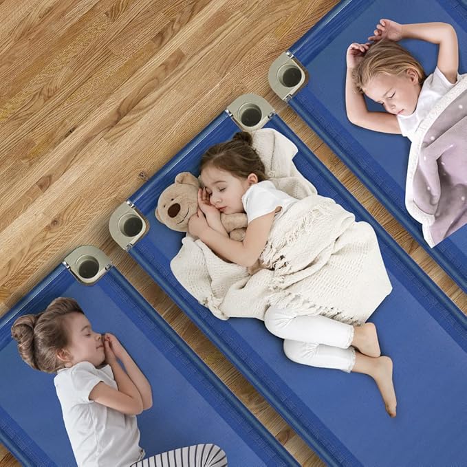 Acrimet Nap Cot for Kids, PortableToddler Child Bed, Stackable 52" L (Stainless Steel Tubes) (Blue Breathable Mesh Fabric - Gray Feet) (5 Pack)