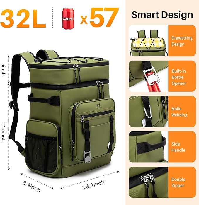 NOL Natural Organic Lifestyle Double Deck Large Waterproof Insulated Cooler Backpack for Men & Women, 32L/57 Cans Leak Proof Cooler Lunch Backpack for Picnic, Camping, Beach, Outdoor, Amy Green