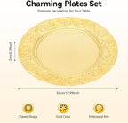 DYRABREST 100 Pcs 13 Inch Gold Charger Plates, Bulk PP Wedding Chargers with Floral Reef Design Decorative Round Ruffled Rim Dinner Plates for Wedding Party Event Table Setting Decoration
