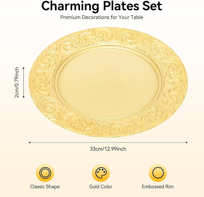 CNCEST 100 PCS Antique Charger Plates Bulk 13'' Plastic Embossed Dinner Plate Chargers Round Floral Plates for Wedding Decorative Chargers for Table Dinner Kitchen Party Decoration (Gold)