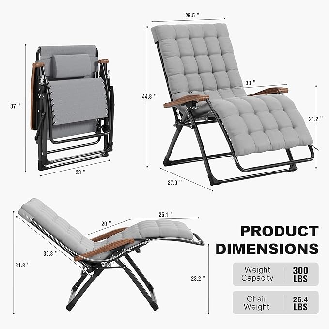PURPLE LEAF Extra Wide Outdoor Reclining Chair Patio Zero Gravity Chaise Lounge Folding Chair with Removable Cushion Adjustable Headrest for Lawn Camping Beach Pool Grey