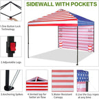 10'x10' Pop Up Canopy Tent with 1 Sidewall and 6 Pockets, One Push Setup, Instant Shade Tent with Vented Roof for Beach Patio Outdoor, Case, 8 Stakes, 4 Ropes, 4 Sandbags (Flag, 10x10)