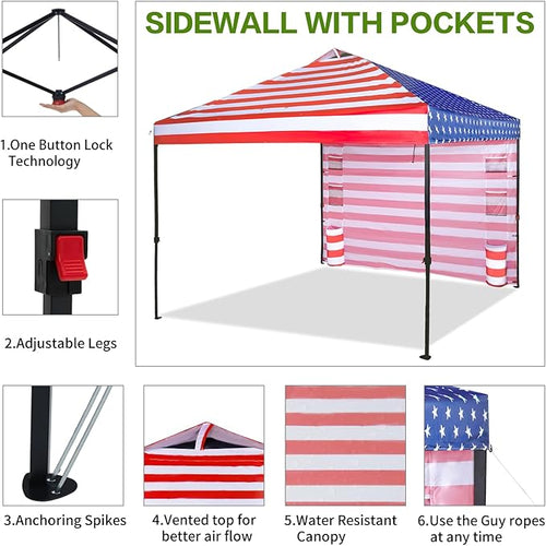 10'x10' Pop Up Canopy Tent with 1 Sidewall and 6 Pockets, One Push Setup, Instant Shade Tent with Vented Roof for Beach Patio Outdoor, Case, 8 Stakes, 4 Ropes, 4 Sandbags (Flag, 10x10)